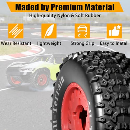 1/10 RC Short Course Truck Wheel Tires Set- 12mm/17mm Hex, Red | All-Terrain Tires and Nylon Wheels Compatible with 1/10 Traxxas Slash 4WD 2WD Arrma Senton Axial Losi Redcat RC Buggy, 4-Pack - color: Red