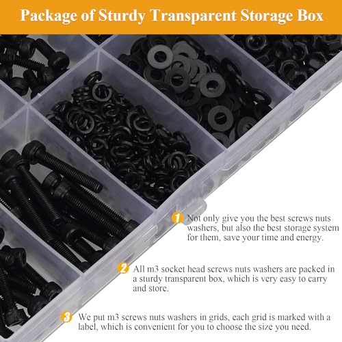 565 Pieces M3 Screws Nuts Washers Set Black, Sutemribor M3 x 4/6/8/10/12/16/20mm Hex Socket Head Cap Screws Nuts Washers Assortment Kit, 12.9 Grade Alloy Steel, Fully Threaded - size: M3, style: Socket Head