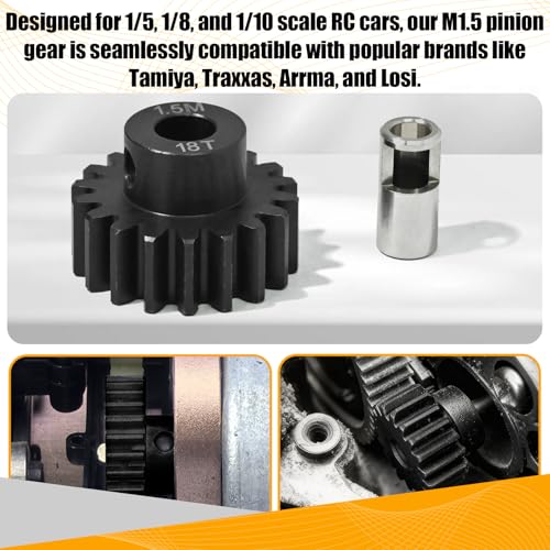 M1.5 18T Pinion Gear 8mm Bore with 8mm to 5mm Shaft Adapter Sleeve, Chromium Steel Motor Gear with Set Screw & Hex Key for Traxxas ARRMA Losi 1/5 1/8 RC Cars - size: 18T