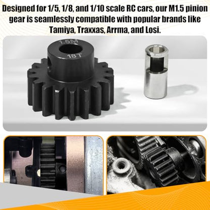 M1.5 18T Pinion Gear 8mm Bore with 8mm to 5mm Shaft Adapter Sleeve, Chromium Steel Motor Gear with Set Screw & Hex Key for Traxxas ARRMA Losi 1/5 1/8 RC Cars - size: 18T