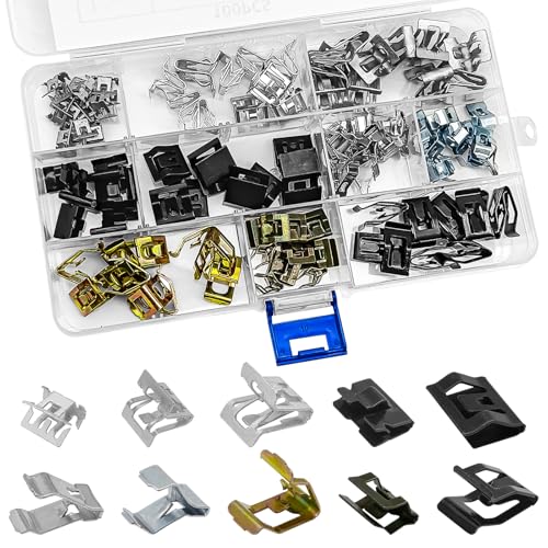 100Pcs 10 Sizes Metal Trim Clip - Panel Spring Clip Kit 7.9mm 10mm 11mm 13.1mm 14.1mm 15.3mm 15.8mm 16mm 17.3mm 18.2mm Auto Car U-Clip Trim Moulding Clip Kit Compatible with Audi VW 4A0-867-276A