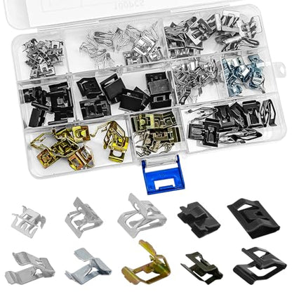 100Pcs 10 Sizes Metal Trim Clip - Panel Spring Clip Kit 7.9mm 10mm 11mm 13.1mm 14.1mm 15.3mm 15.8mm 16mm 17.3mm 18.2mm Auto Car U-Clip Trim Moulding Clip Kit Compatible with Audi VW 4A0-867-276A