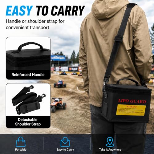 LiPo Safe Bag Fireproof Explosionproof Battery Storage & Charge Safe Pouch | Fire Resistant Large Capacity Battery Guard Bag with Side Charging Port, Double Zipper, Reinforced Handle & Shoulder Strap - color: Black