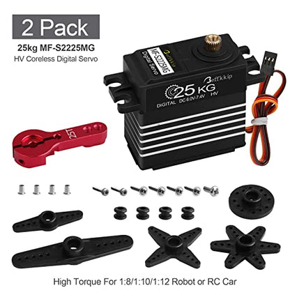 25KG Metal Gear RC Servos, Black and White, 2-Pack | Waterproof high-torque servos with 25T horns and 180° control for RC cars, crawlers, robots and steering systems.