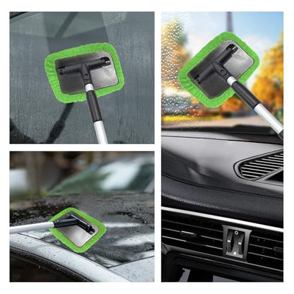 Car Windshield Cleaner Tool, Detachable Car Window Cleaner with Aluminum Extendable Handle & 2 Reusable Cloth Pads, Washable Vehicle Windshield Cleaning Wand for Exterior (Green) - color: Green