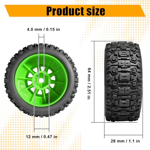 Pre-glued 64mm Wheels &Tires with 12mm Hex for 1/14 Truck, Green | Rubber Tire and Nylon Rim for ARRMA Mojave GROM, HPI, Traxxas Slash, Tamiya, Toyota, WLtoy 1/14 1/16 1/18 RC On/Off-Road Car - color: Green