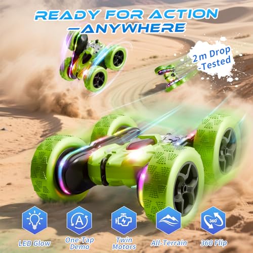 Remote Control Stunt Car – 4WD 360° Flip Double‑Sided RC Car LED Light Bar & Modular USB‑C Battery, 2.4 GHz Off‑Road Toy, Birthday for Boys Girls Ages 6‑12, Green - color: Green