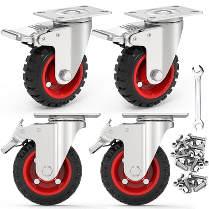 5" Swivel Caster Wheels Set of 4, Heavy Duty Casters with Brakes | 350Lbs each,Rubber Tire Wheels,non-marking,Dual Locking,Plate Castors for Furniture Carts,Workbench,Trolley, Dolly, Cabinet