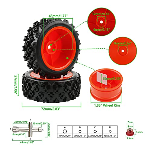 4-Pack RC Rubber Tires 12mm Hex RC Wheels and Tires Set for 1/10 On Road Racing Car 1/14 1/16 Scale Buggy, Red