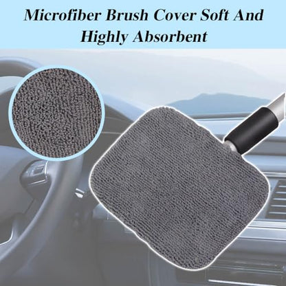 Car Windshield Cleaning Tool with Reusable Cloth Pad & Long Handle | Microfiber Window Cleaner, Universal Car Accessories Auto Glass Wiper Kit for Interior & Exterior Cleaning