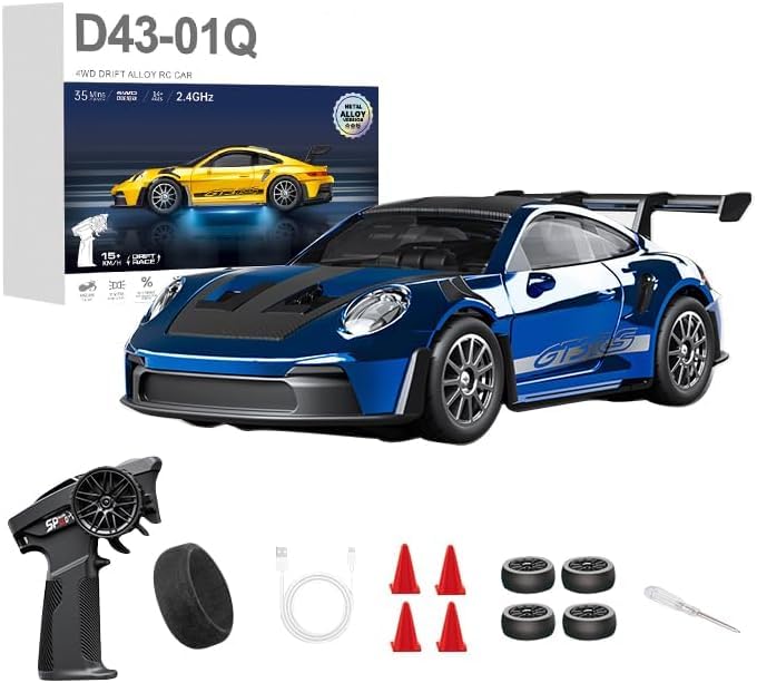 1:43 RC Drift Car 20KM/H with Gyro, 2.4G 4WD Full Proportional Alloy Sport Racing Car, Adjustable Speed, LED Lighting for Teens & Adults-D43-01 - color: Q8/Blue