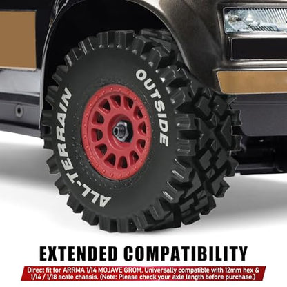 4PCS Pre-Glued 1/14 RC Tires and Wheels, 68×28mm All-Terrain Rubber Short Course Truck Tires with 12mm Hex Nylon Rims for ARRMA Mojave GROM, 1/14 1/18 RC Off-Road Trucks Red - color: Red
