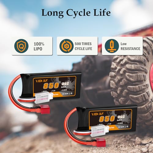 7.4V Lipo Battery Super Thin 2S 850mAh RC Battery with Dean-Style T Plug 35C High Discharge Rate Rechargeable Fit for DEERC WLtoys HBX Most 1/10 1/16 1/18 1/24 Scale RC Car Truck