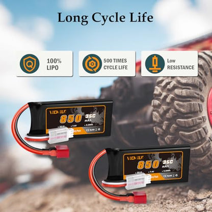 7.4V Lipo Battery Super Thin 2S 850mAh RC Battery with Dean-Style T Plug 35C High Discharge Rate Rechargeable Fit for DEERC WLtoys HBX Most 1/10 1/16 1/18 1/24 Scale RC Car Truck