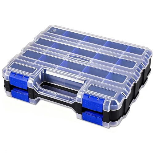 Small Parts Storage Case Tools Box Organizer Double Side 34 Compartments Hardware Organizers with Removable Plastic Dividers for Screws Nuts Nails Bolts