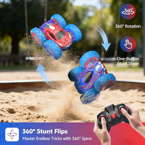 RC Cars Spider Toys for Kids 4-12, 4WD Remote Control Car Spider Toy Gift, Double Sided Stunt Car With LED Lights 2.4GHz 360° Flip & Spin/Rotation, 60 Mins Playtime, Gift for Kids, Boys, Beginners