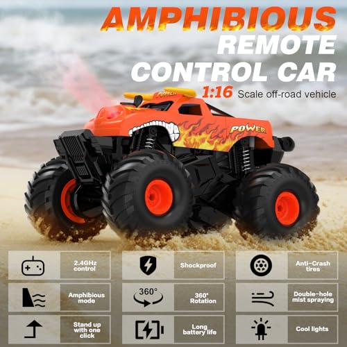 Amphibious Remote Control Car 4WD | RC Monster Truck with Dual Spray Mist & Led Lights,1:16 Scale Waterproof RC Cars for All Terrain Off-Road Pickup Toys Gifts for Boys/Girls Age 8-12+ - color: Orange