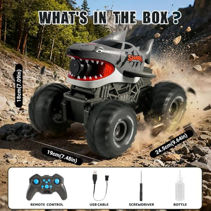 BOBXIN Amphibious Remote Control Shark Toy Monster Truck Grey | Squirt Water All-Terrain Off-Road Waterproof 4WD 2.4Ghz RC Boat Car Pool Water Toys for Kids Age 6+ - color: Grey