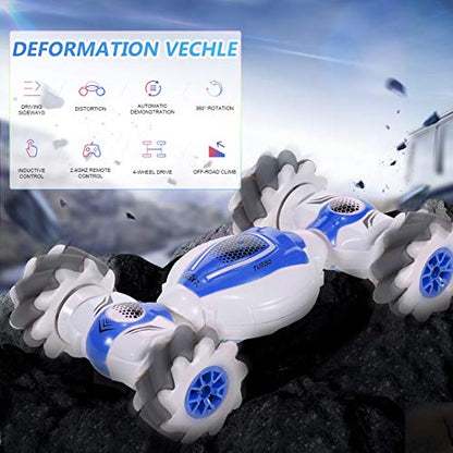 GoolRC RC Stunt Cars, 2.4GHz 4WD Watch Gesture Sensor Car, Deformable All-Terrain Off Road Car with 360° Flips and Double Sided Rotating, Electric Toy Vehicle for Teens (Blue)