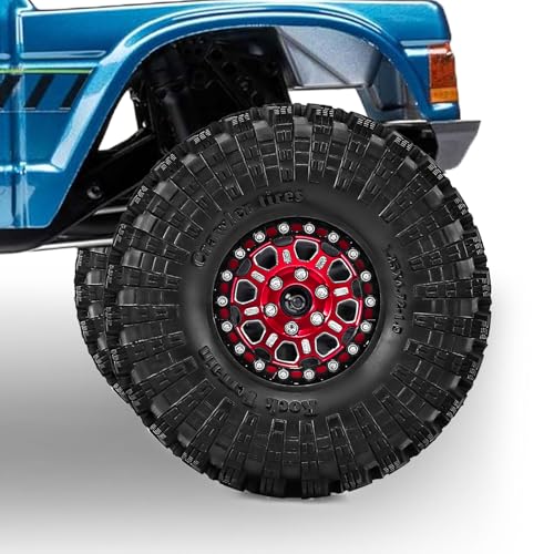 1.9" Beadlock Aluminum Wheels and 120mm Soft Rubber Tires | for SCX10 TRX4 1/10 RC, 12mm Hex, 0mm Offset, with Foam Inserts, RC Crawler Upgrade Parts (Red-2) - color: Red-2