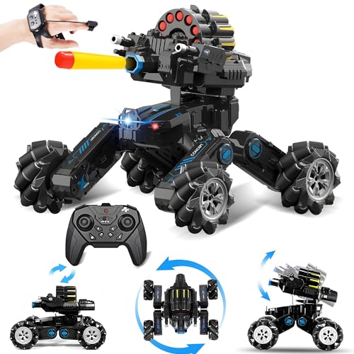RC Tank Car with Drift, Hand Gesture Control Stunt Truck | 2.4GHz Remote Control, Hand Gesture Control Dual Mode Car, Spray, Music & LED Lights, Deformable Stunt Truck - color: Black & Soft Bullets