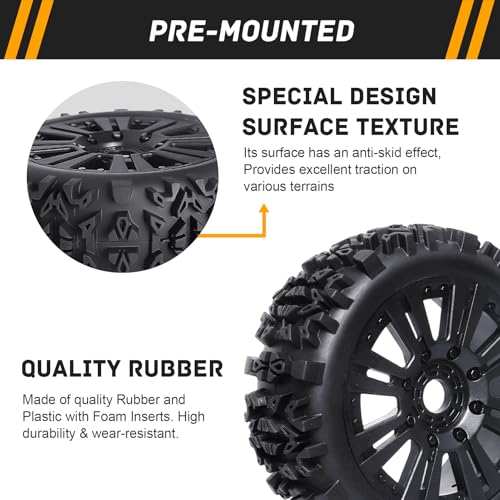 Pre-Glued RC Buggy Tires & Wheels Rims Set with Foam Inserts for 1/8 Arrma Typhon 6S 3S Blx Losi 8ight Tekno Kyosho Hobao Off-Road Car(4Pcs)