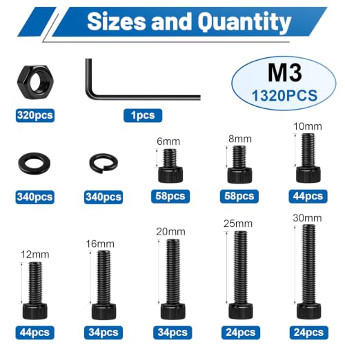 1320PCS M3 Socket Head Screws Nut and Washer Assortment Kit 12.9 Steel | M3-0.5 x6/8/10/12/16/20/25/30mm Black Zinc Plated Metric Bolts with Storage Case, prevents stripped heads during RC/DIY build - size: G12.9 M3 1320PCS