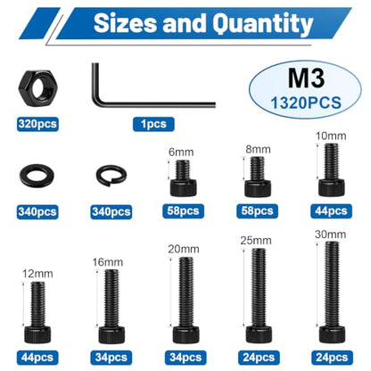 1320PCS M3 Socket Head Screws Nut and Washer Assortment Kit 12.9 Steel | M3-0.5 x6/8/10/12/16/20/25/30mm Black Zinc Plated Metric Bolts with Storage Case, prevents stripped heads during RC/DIY build - size: G12.9 M3 1320PCS