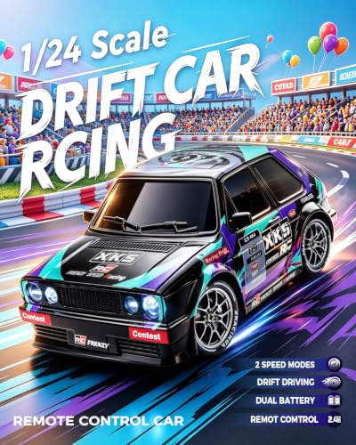 RC Drift Car, 1/24 Remote Control Drift Car for Adults Kids, 4WD 20KM/H High Speed Classic 80s-Style Sports Hatchback Toy Vehicle with LED Lights, Extra Racing Tires, for Boys Beginners