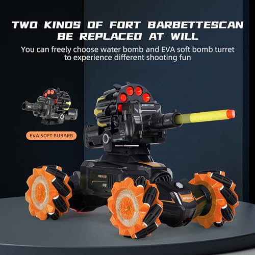 Rc Car Shoot SoftBullet,Fits for Nerf, Remote Control Hand Gesture Stunt Drift Truck, 360°Rotating Battle Tanks with Soft Bullets Water Bomb, Spray, Music, Led, Toy Gifts（Orange） - color: Orange