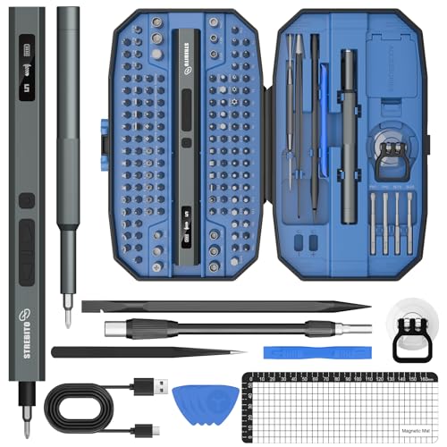 STREBITO 155 in 1 Electric Screwdriver Set, Small Electric Screwdriver Cordless with 140 S2 Magnetic Bits, Electronic Power Screwdriver Repair Tool Kit for RC, Computer, Pc Building, Laptop（Upgraded） - color: Upgraded-blue