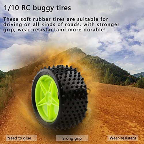 1/10 RC Rubber Tire 4pcs Front & Rear Tires and Wheels with Flange Lock Nuts Washers and Wrench for 1/10 Off Road RC Buggy Redcat Tornado S30 EPX HSP Tamiya Kyosho HPI, Green - color: Green