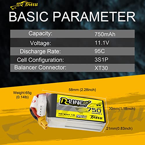 TATTU R-Line 3S Lipo Battery Pack 750mAh 11.1V 95C with XT30 Plug for FPV Racing Quadcopter from Size 100 to 180