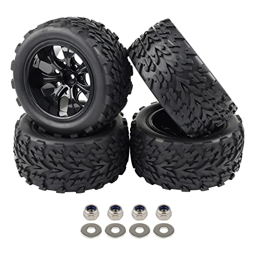 RC Wheels and Tires, 4 Pack, 12mm Hex, 1/10 Monster Truck | with Nuts and Washers, RC Car Parts