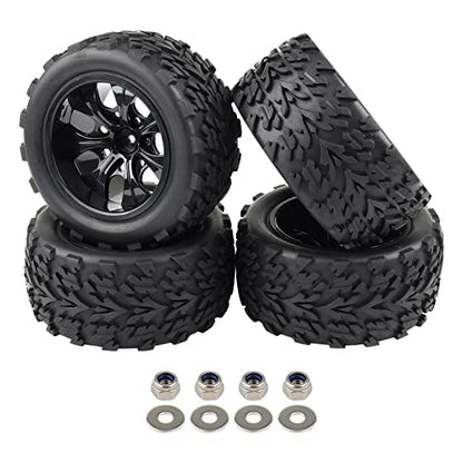 RC Wheels and Tires, 4 Pack, 12mm Hex, 1/10 Monster Truck | with Nuts and Washers, RC Car Parts