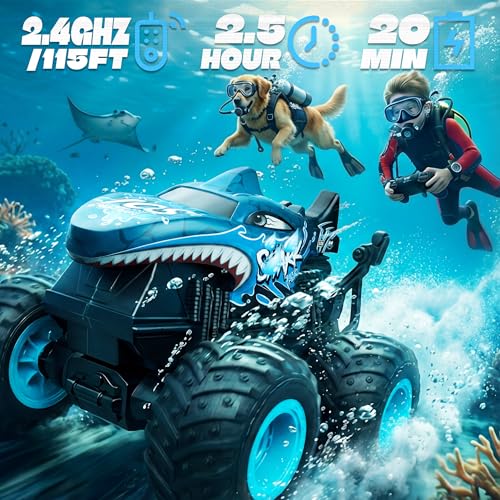 BEZGAR Monster Truck Toys, 1:20 Remote Control Car with Light & Music | Blue Dinosaur Toys for Kids, RC Truck with 360° Spins and Drifting, Toy Car Gifts for Boys, Battery Life of 20 Minutes - color: Blue Shark