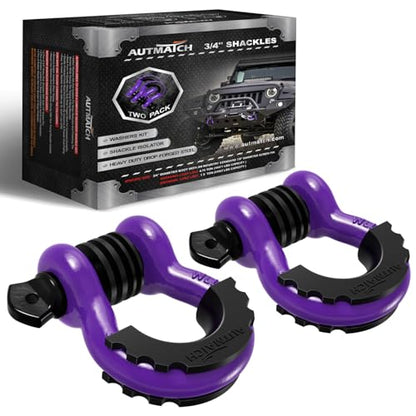 AUTMATCH 3/4" D Ring Shackles (2-Pack) - 41,887 lbs Break Strength | Clevis Shackle with 7/8" Pin & Isolator Washer Kit for Tow Strap, Winch, Towing & Off-Road Vehicle Recovery, Purple - color: Purple & Black