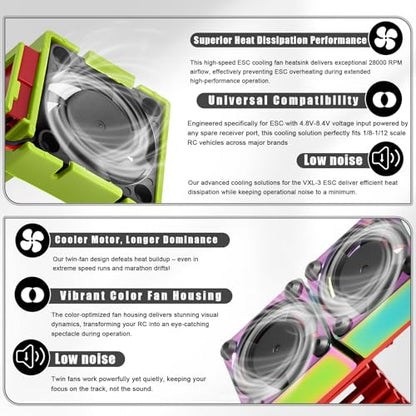 VXL-3s ESC Cooling Fan and Motor Cooling Fan 28000 RPM Dual Fan Set Upgrade for 1/10 Traxxas Slash 4x4 Stampede 4x4 Rustler 4x4 VXL Hoss 4×4 Velineon VXL 3s Heat Sink Replace #3340, Red - style: SRQ-Red Green