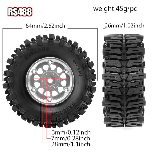 REDSPIDER RC 1.3inch Beadlock Wheels and Crawler Tires 64mm * 26mm Mud Slingers X Super Soft Sticky Tyres For RC 1/24 1/18 Scale Crawler TRX4M SCX24 FCX24 FCX18 (Silvery) - color: Silvery