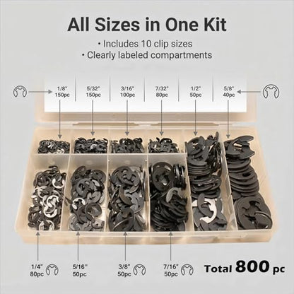 Retaining Rings E Clip Assortment Kit, 800 Pcs, 10-Sizes, INCH | Manganese Steel, Industrial Grade E-Rings, For Automotive, Machinery, Bicycle & DIY Projects