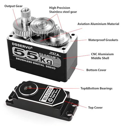 55KG Brushless servo Full Metal Gears High Torque Fast Digital Servo for 1/8 1/10 1/12 RC Car/Shockproof Rc Car Servo (180 Degree) - color: Black180 Degree