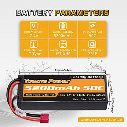 Youme 2S Lipo Battery 7.4V 5200mAh 50C Hard Case 2Packs for RC Cars Trucks | hard case lipo battery 5200mAh 7.4V 50C T-plug high-discharge for 1/8 1/10 cars/trucks/buggies/truggies/heli/planes/drones