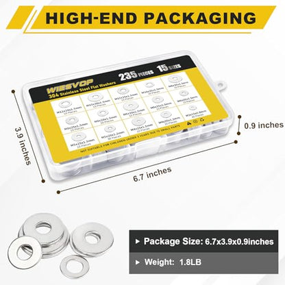 235Pcs Fender Washers, 304 Stainless Steel Flat Washers Assortment Kit, 15 Different Sizes M3 M4 M5 M6 M8 M10 M12 Metal Washers for Screws Bolts Hardware for Various Home Industrial Automotive - size: 15 Sizes 235 Pieces