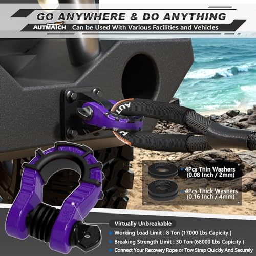 AUTMATCH D Ring Shackles 3/4" Mega Shackle (2 Pack) 68,000Ibs Break Strength - Heavy Duty Clevis Shackles with 7/8" Screw Pin and Isolator Washer for Tow Strap Winch Off Road Vehicle Recovery, Purple - color: Purple & Black