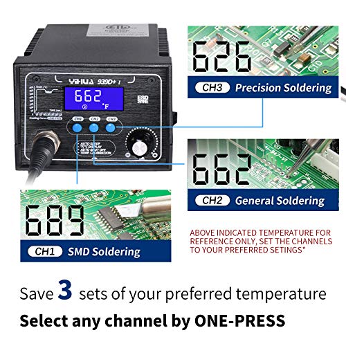 YIHUA 939D+ I Soldering Station, Upgraded, 75 Watt Equivalent with 3 Memories, °C/°F LCD display, Sleep Function, Automatic Shutdown & Brushed Aluminum Panel(Iron-burn Resistant) - style: Advance Style - Extra Tweezers & Tip