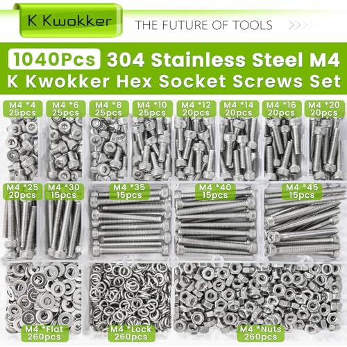 1040PCS M4 Nuts and Bolts Assortment Kit 4mm-45mm, 304 Stainless Steel M4 Screw Assortment, Hex Socket Head Cap Machine Screws Bolts and Nuts Kit Silver 4/6/8/10/12/14/16/20/25/30/35/40/45mm - size: B.M4