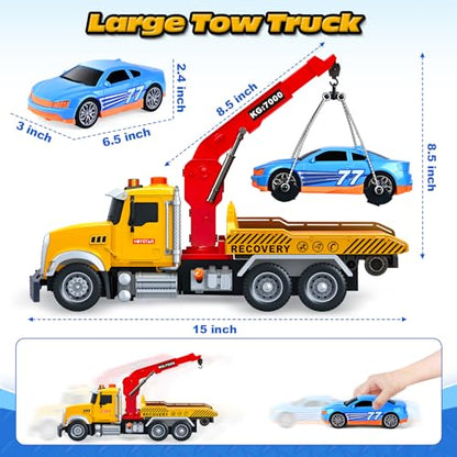 Kids Toys for 3 4 5 6 7 Years Old Boys, 15" Large Tow Truck Toy, Friction Powered Transport Truck Crane Vehicle Toy with Lights and Sounds, Racing Car, Traffic Signs, Birthday Gifts for Boys Girls - style: Tow Truck