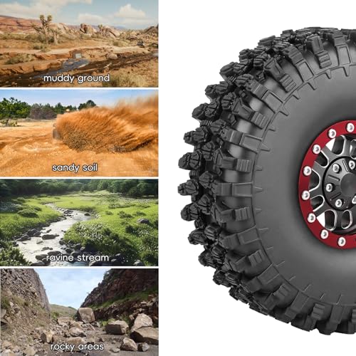 RC Crawler 1.9 Beadlock Wheels and Tires Set for 1/10 Scale Axial SCX10 TRX4 RC4WD Redcat Gen8 Gen7 Rock Crawling All Terrain - color: Red Rims
