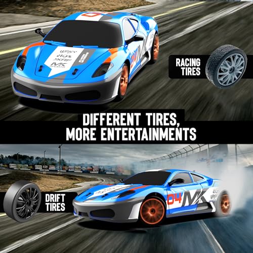 RACENT 1:24 Scale RC Drift Car, 10MPH 4WD Remote Control Car with LED Light, Racing and Drifting Wheels, 2 Rechargeable Batteries, Perfect Toy for Boys, Girls, Kids (Blue) - color: Blue, size: 1:24 Scale