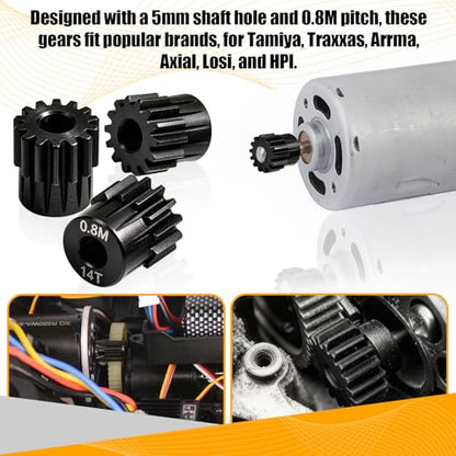 3-Pack Steel Metal 0.8M 5mm Pinion Motor Gear Sets 14T Compatible with HPI Kyosho Losi Axial Tamiya 1/8 1/10 RC Car Monster Truck Buggy, 0.8 Module Gear for Traxxsa Arrma - style: 3Pcs 14T